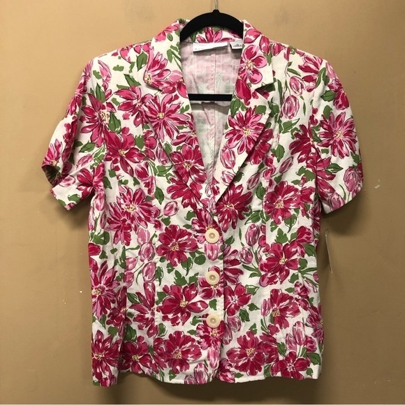 Sag Harbor Short Sleeve Pink Floral Button Front Shirt Linen Blend Size 10 NWT - Picture 1 of 6